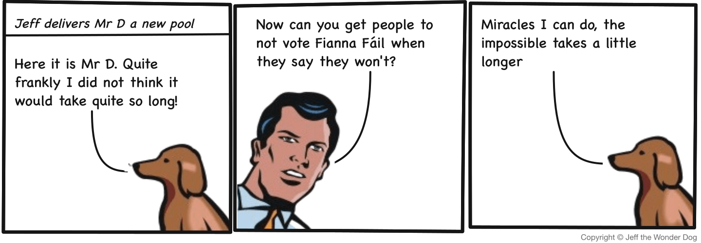 Three-panel cartoon. A caption reads “Jeff delivers Mr D a new pool”. Jeff, a dachshund, says “Here it is Mr D. Quite frankly I did not think it would take quite so long!”. Mr D asks “Now can you get people to not vote Fianna Fáil when they say they won’t?”. Jeff replies “Miracles I can do, the impossible takes a little longer”.