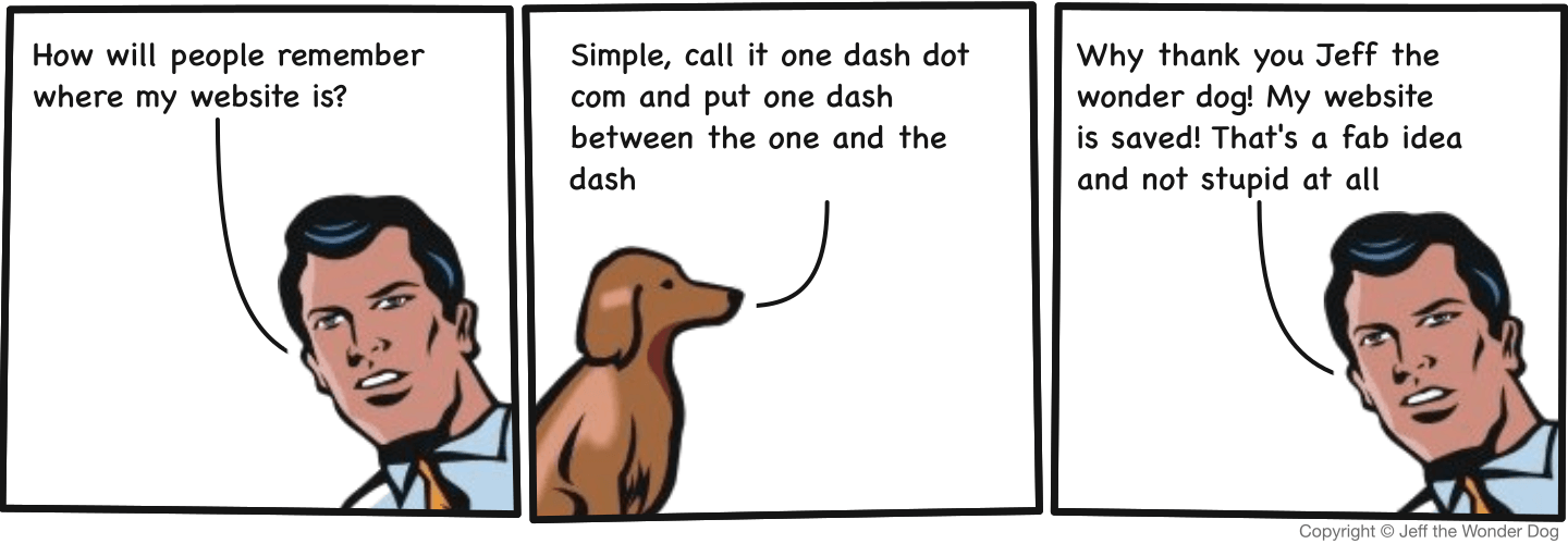 Cartoon explaining how one-dash.com got its name